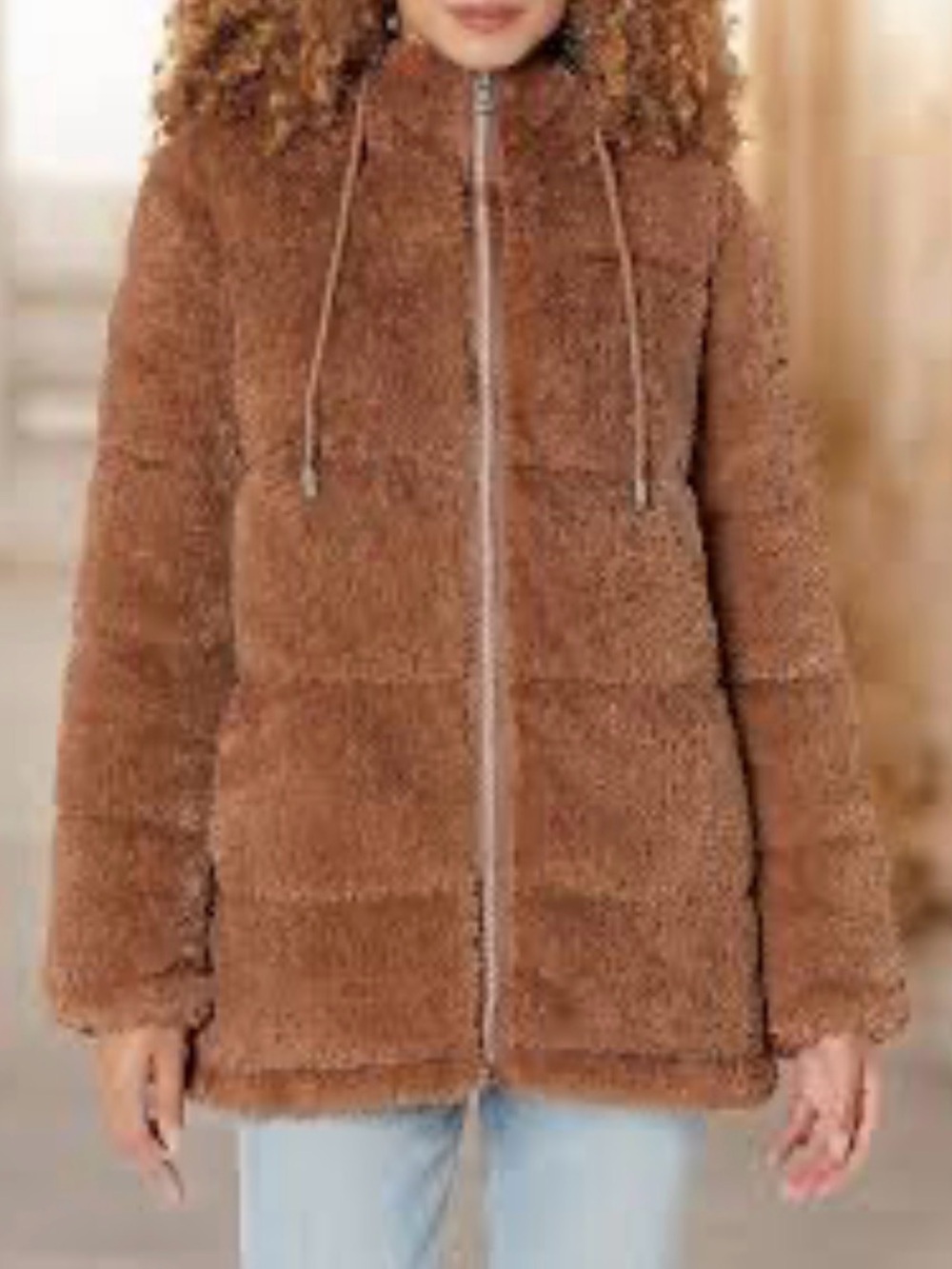 Kenneth Cole Golden Brown Teddy Faux Fur Zip Hoodie NWT